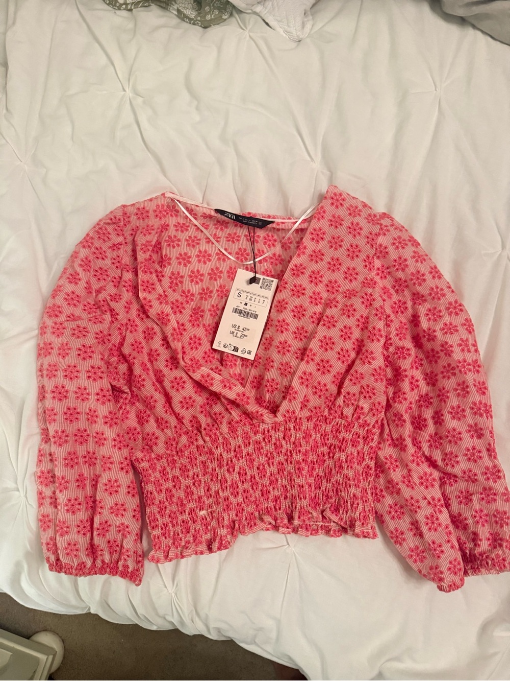 Zara Pink Floral Smocked Waist V-Neck Blouse